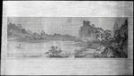 Black and white drawing showing water body, mountains, trees, house
