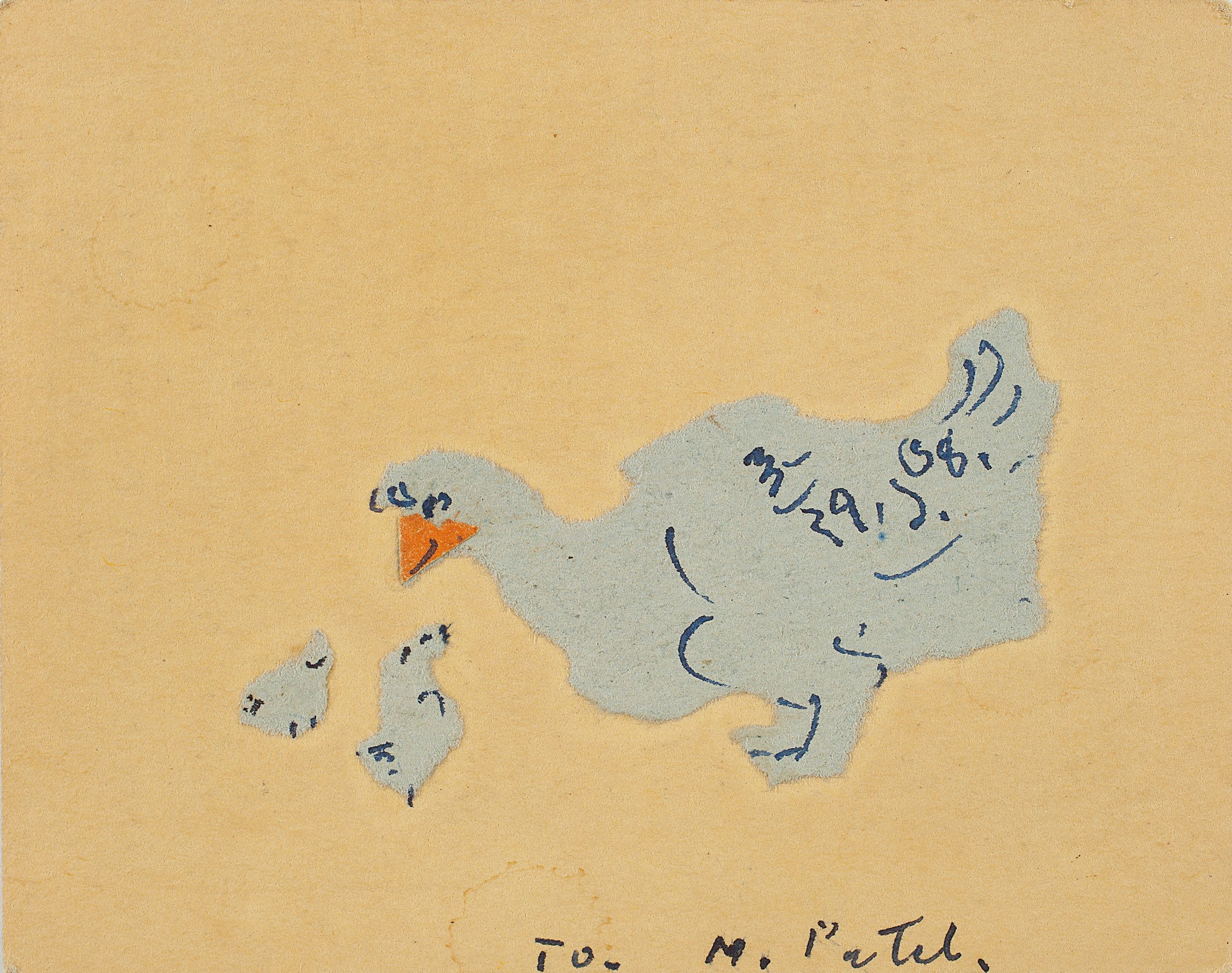 A collage on a brownish paper showing what appears to be a big chicken with two small chicks