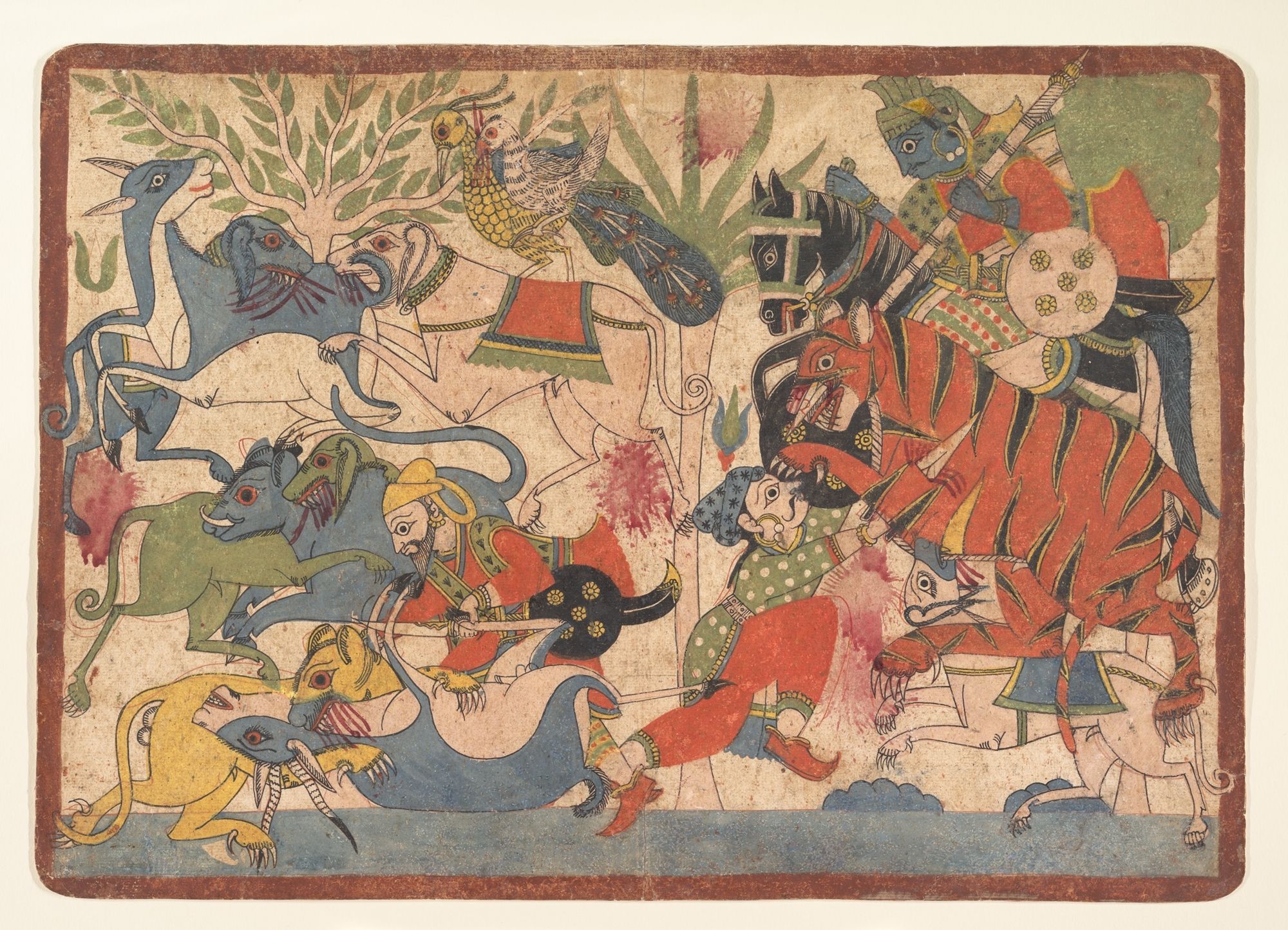 A painting showing complex hunting scene with various people and animals fighting each other.