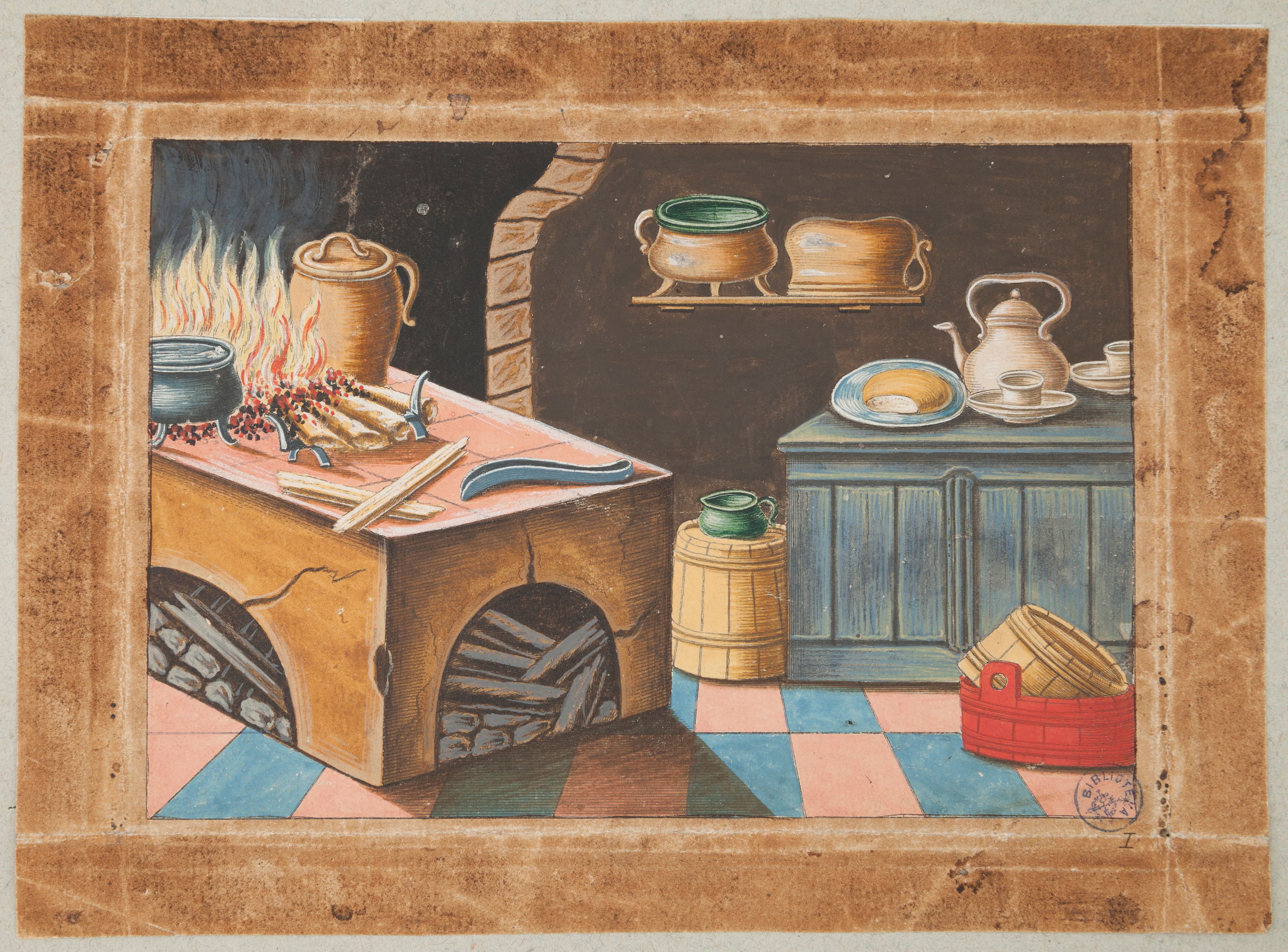 A detailed illustration of a rustic kitchen interior. A wood-fired stove, various pottery and cookware. The floor is tiled in pink and blue. The scene is framed by a brown border.