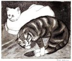 Black and white painting (or drawing) of two cats - both laying, one white one of a tobby type