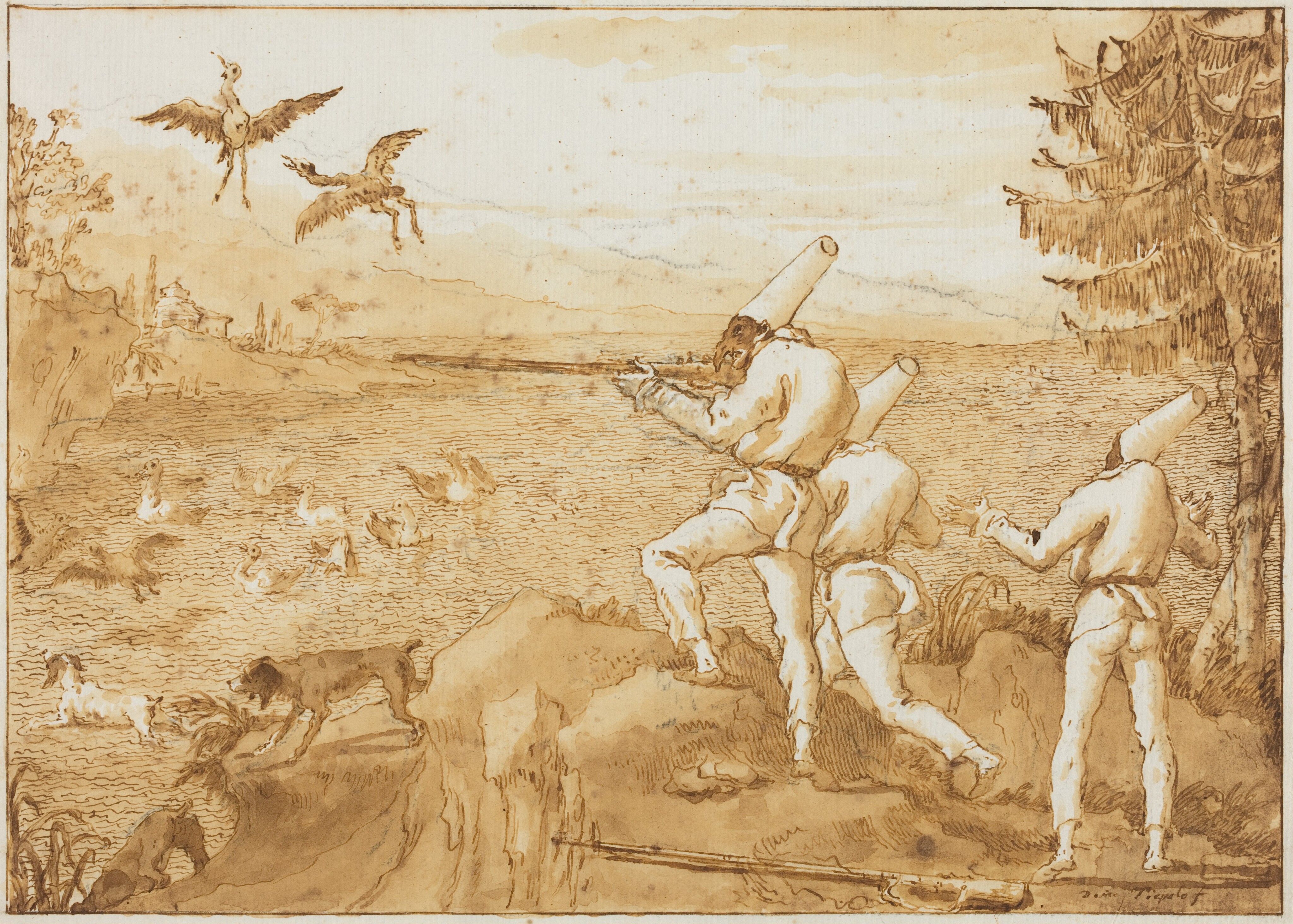 Monochrone sepia colored drawing showing people in high hats and with masks on their faces hunting birds with long rifles